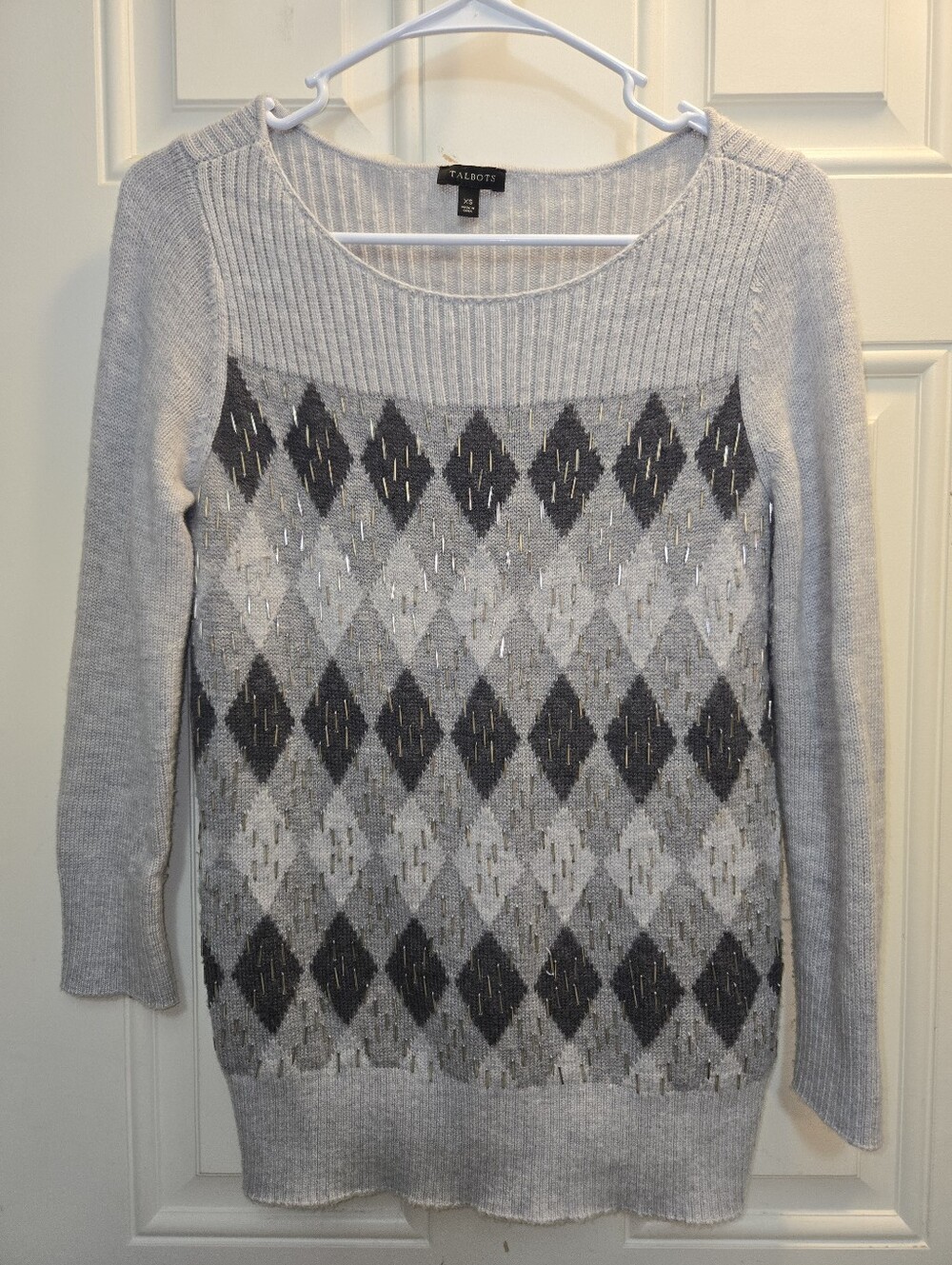 Talbots Gray Argyle Crewneck Sweater with Metallic Beads Stitching